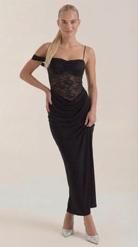 Vestido Largo con Corsé de Encaje y Diseño de Un Hombro Giselle